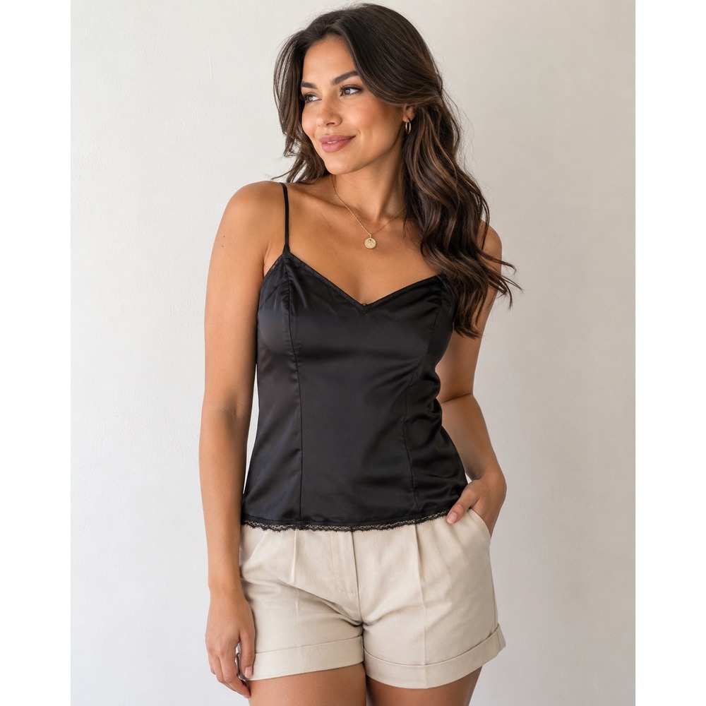 Vintage Vanity Fair Black Lace Trim Camisole Y2K Lingerie Cami Top Size M